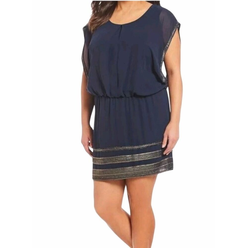 SLNY Fasion Silver Foil Blouson Dress Womens Evening Wear Navy Blue & Gold 20W